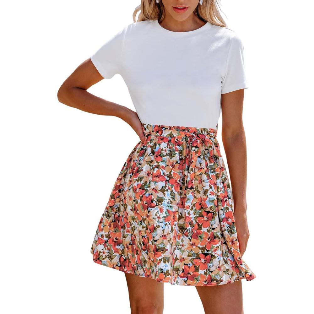 imageCUPSHE Womens Floral Paisley Mini Beach Dress Crew Neck Short Sleeve Belted Tie A Line Stripe Mini Summer DressesWhite Orange