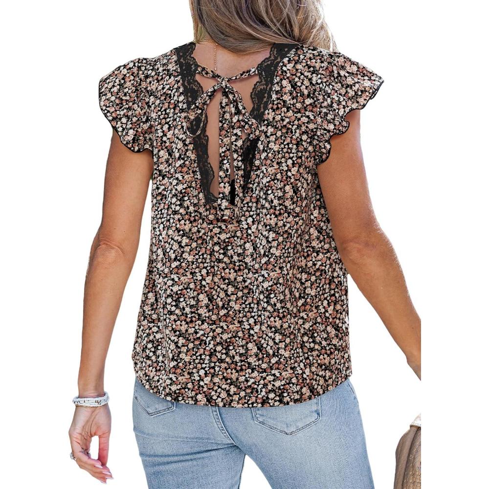 imageCUPSHE Womens Floral Print Tops V Neck Puff Petal Short Sleeve Lace Trim Tie Backless Summer Cami Top Dressy Causal BlousesBlack