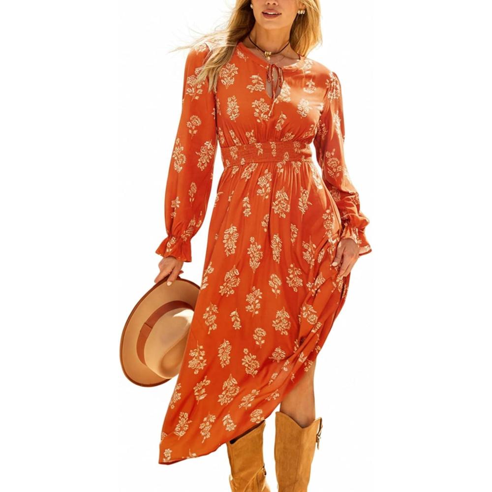 imageCUPSHE Womens Floral Printed Maxi Dress Tie Front Puff Sleeves Smocked Waist Ruffle Casual Fall DressesOrange