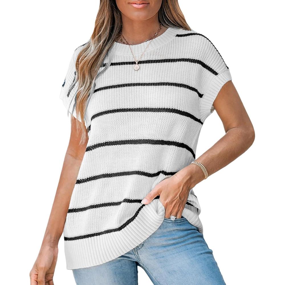 imageCUPSHE Womens Knit Short Sleeve Sweater Striped Crew Neck Cap Sleeve Top Casual Pullover TopsBlack Stripe