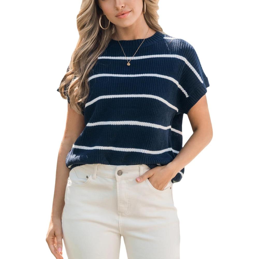 imageCUPSHE Womens Knit Short Sleeve Sweater Striped Crew Neck Cap Sleeve Top Casual Pullover TopsNavy