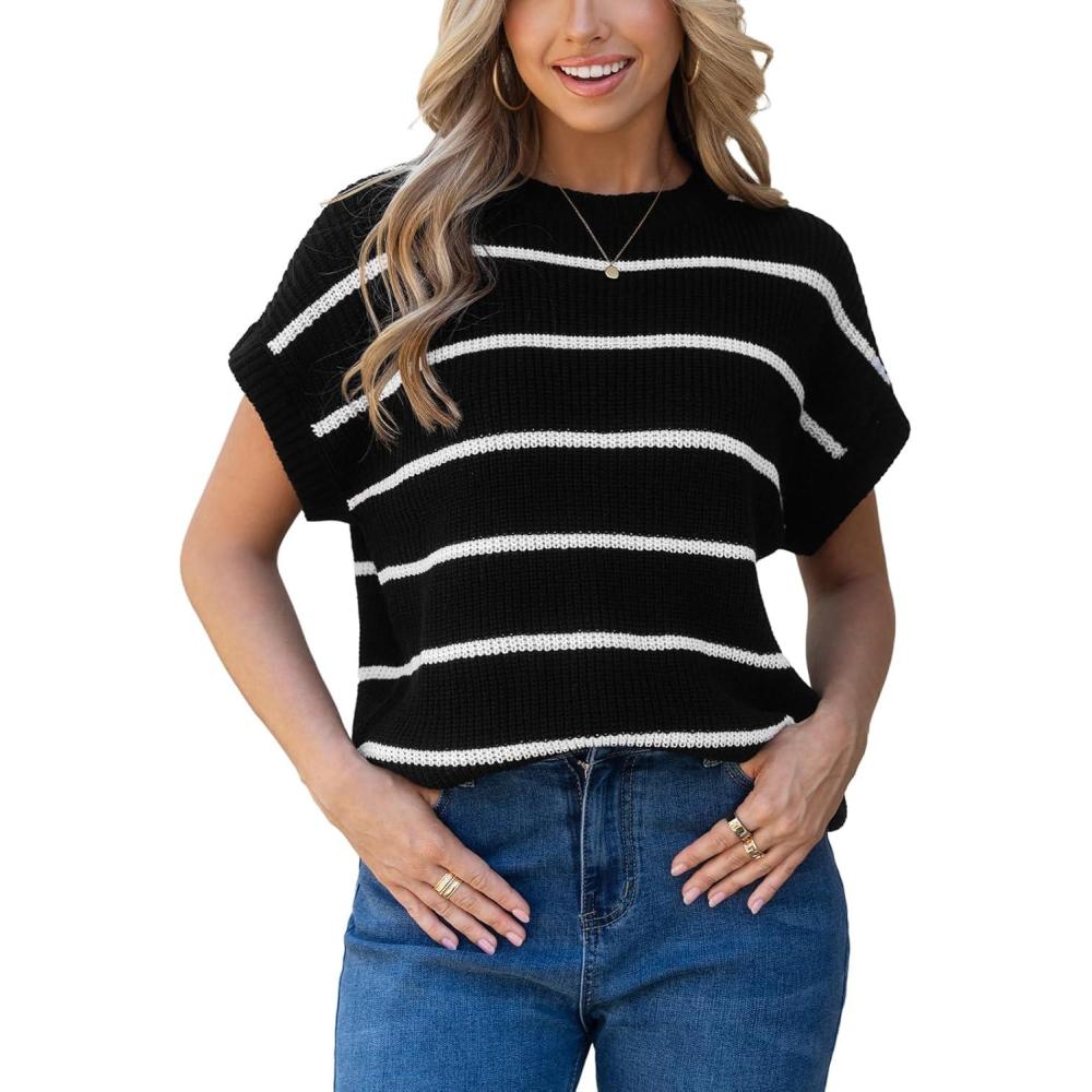 imageCUPSHE Womens Knit Short Sleeve Sweater Striped Crew Neck Cap Sleeve Top Casual Pullover TopsWhite Stripe