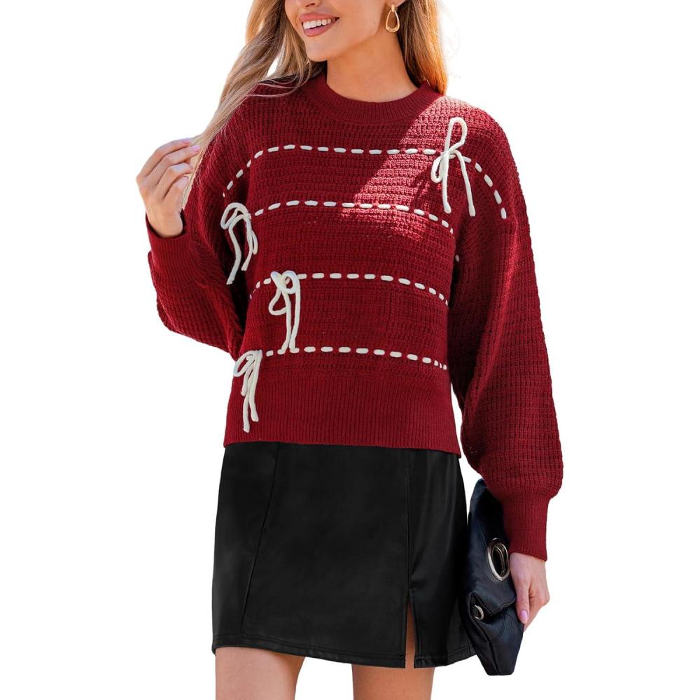 imageCUPSHE Womens Knit Sweater Crew Neck Long Sleeve Pullover Contrast Stitching Bow Tie Fall Winter CasualRed