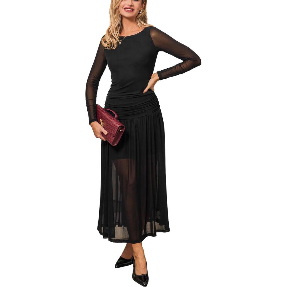 imageCUPSHE Womens Long Sleeve Bodycon Maxi Dress Mesh Ruched Slim Dress Formal Wedding Guest Cocktail Evening DressBlack