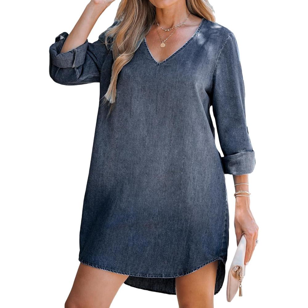 imageCUPSHE Womens Long Sleeve Denim Shirt Dress Casual V Neck Mini Distressed Roll Tab Jean DressesDark Blue