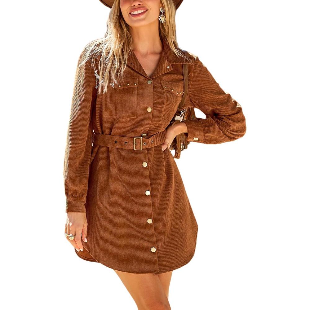 imageCUPSHE Womens Long Sleeve Fall Dresses Button Casual Belted Corduroy Pockets Fitted Work Mini Shirt DressBrown