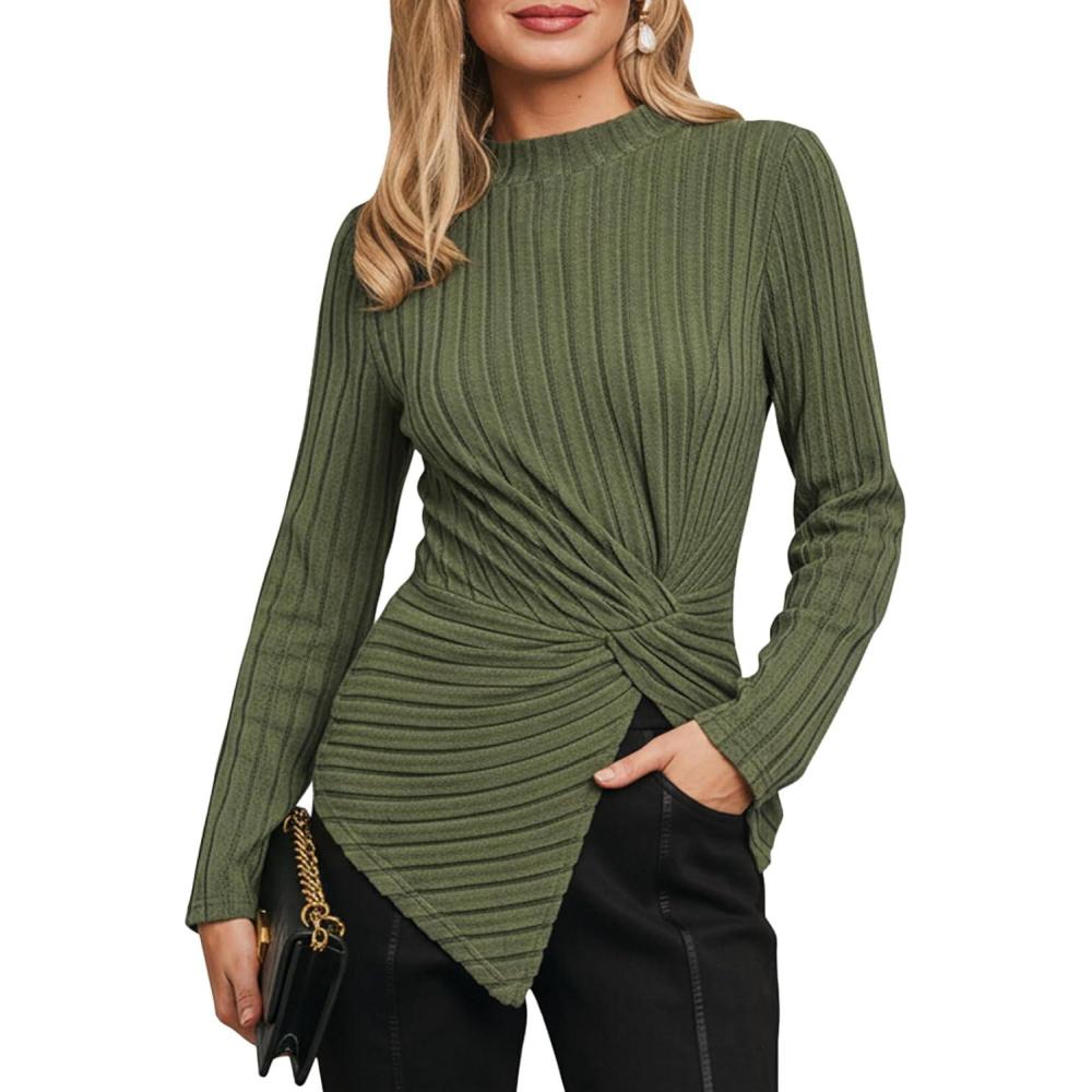 imageCUPSHE Womens Long Sleeve Fitted TShirt Mock Neck Casual Commuter Tops Side Slit Asymmetric Hem Solid ShirtGreen
