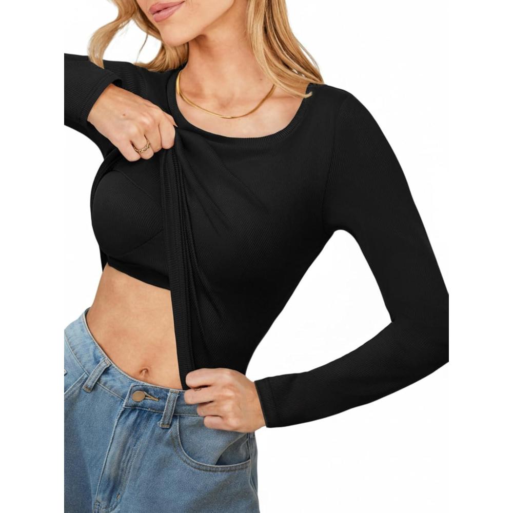 imageCUPSHE Womens Long Sleeve Shirts Built in Bra Casual Knit Tops Fall Fashion 2025 Round Neck Basic Crop TopsBlack