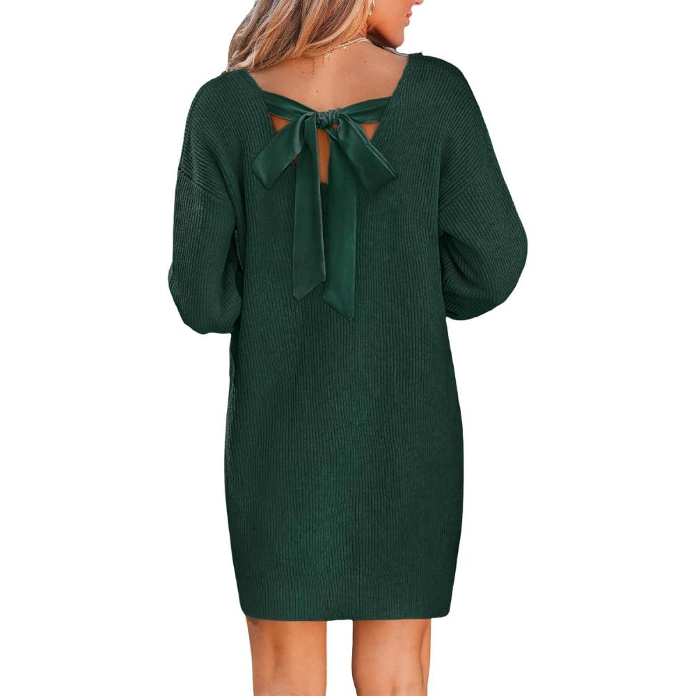 imageCUPSHE Womens Long Sleeve Sweater Dress V Neck Loose Fit Ribbed Knit Pullover Mini Dress Fall OutfitOlive Green