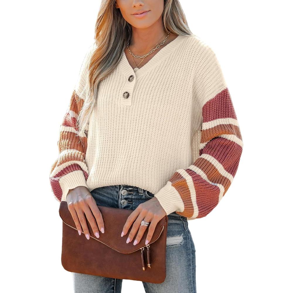 imageCUPSHE Womens Long Sleeve V Neck Sweaters Loose Knit Striped Button Up Chunky Oversized Pullover SweaterBeige