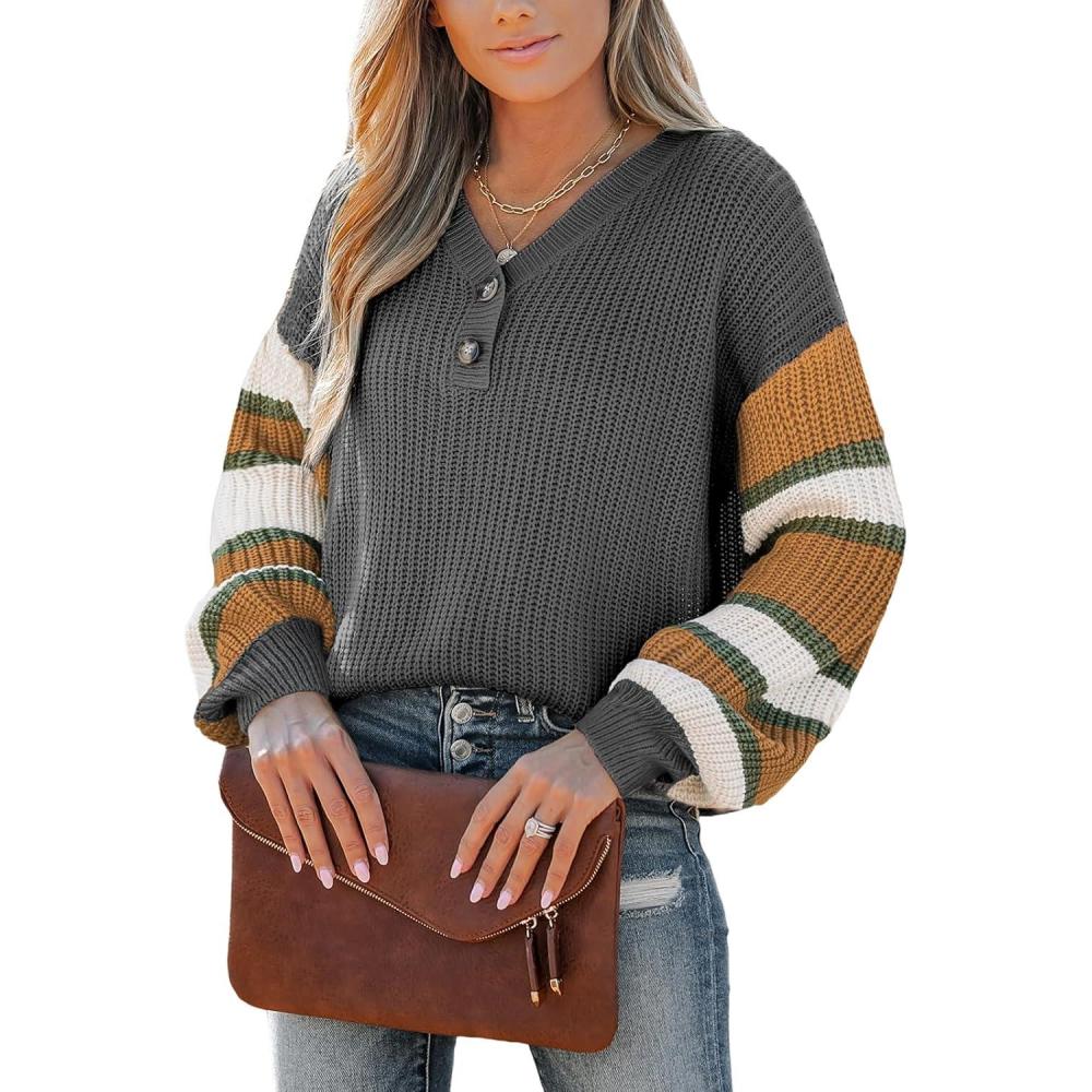 imageCUPSHE Womens Long Sleeve V Neck Sweaters Loose Knit Striped Button Up Chunky Oversized Pullover SweaterGray