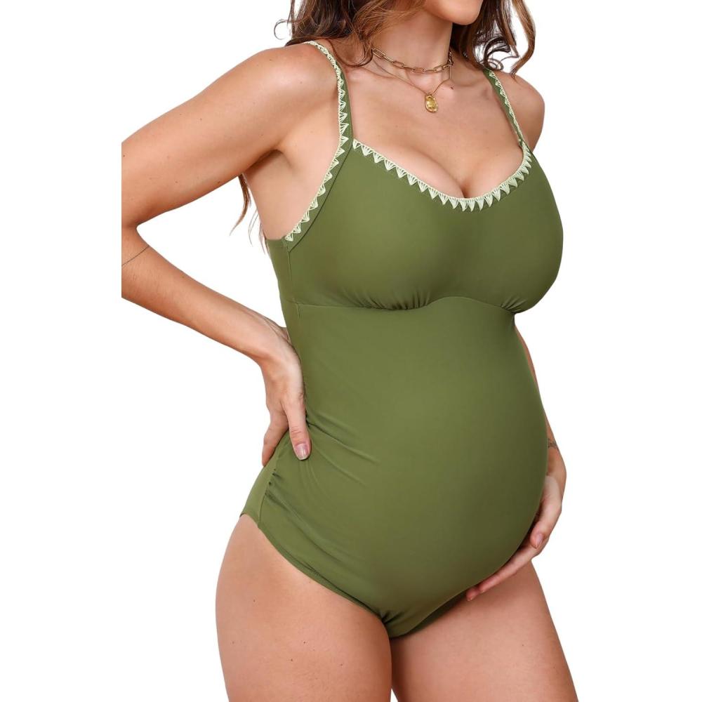 imageCUPSHE Womens Maternity One Piece Swimsuit Adjustable Strap Ruched Shell Stitched Back Cutout Bathing Suit for PregnancyGreen