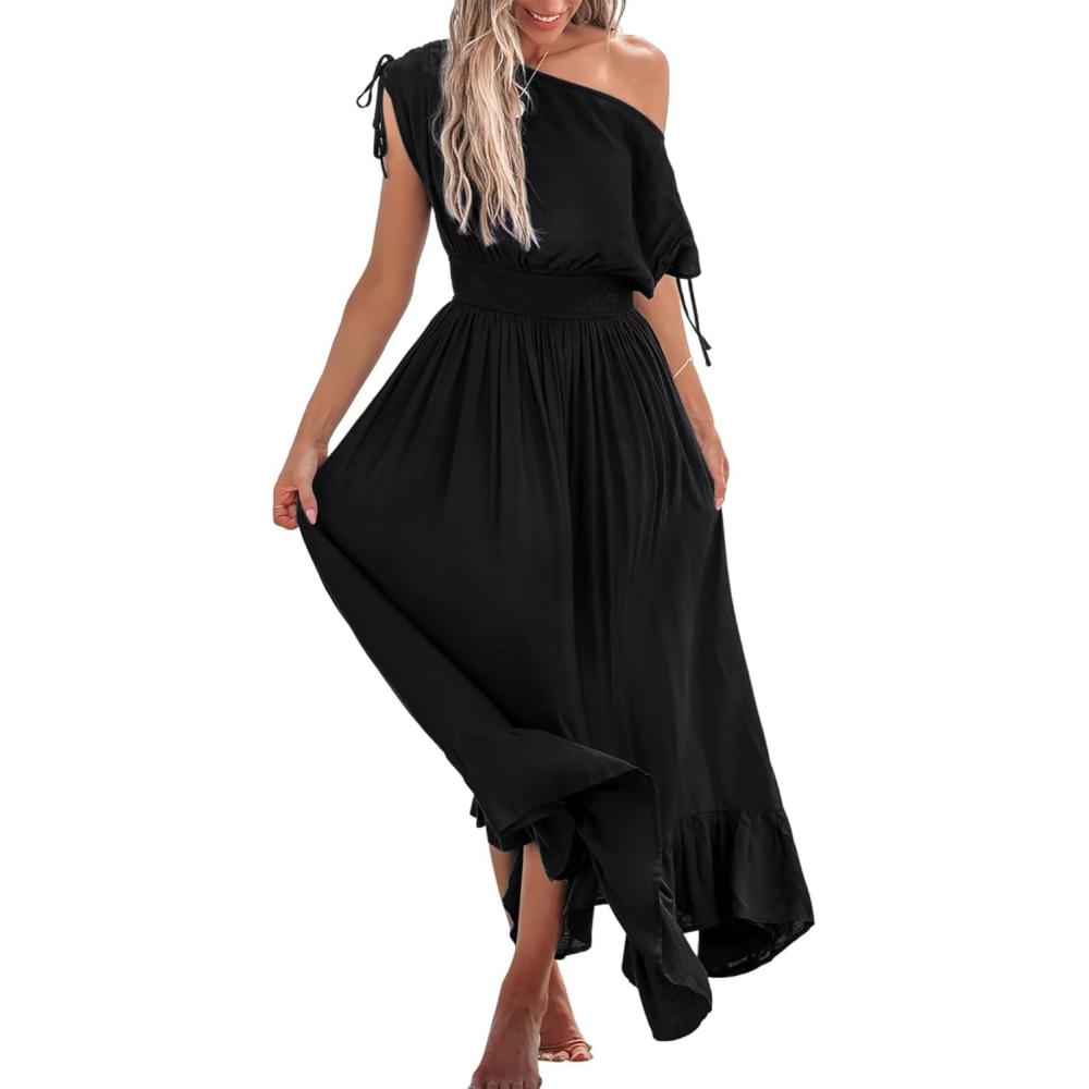 imageCUPSHE Womens Maxi Dresses Casual Summer Sundress Sleeveless Smocked One Shoulder Ruffled Long Beach Formal DressBlack