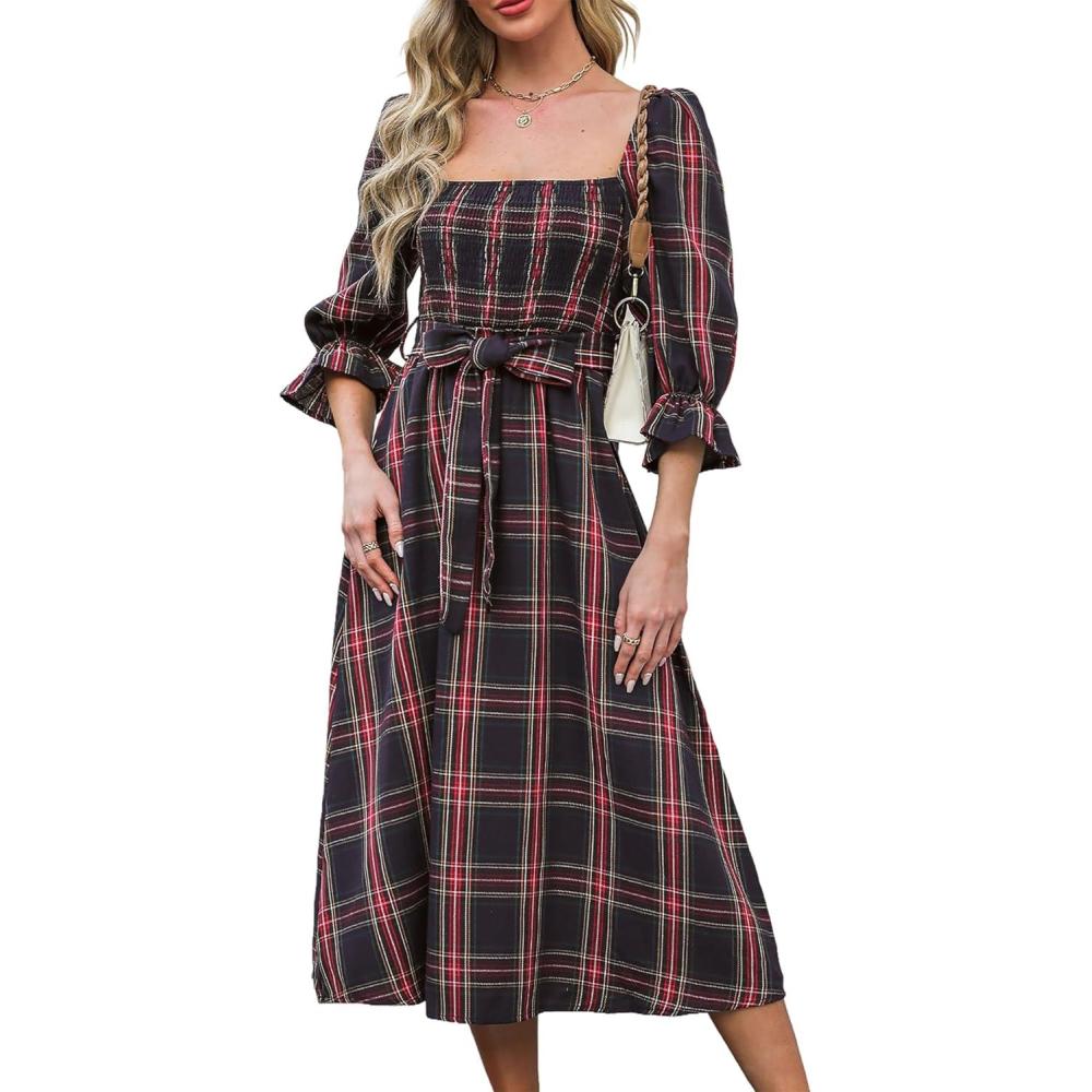 imageCUPSHE Womens Maxi Dresses Square Neck Plaid Smocked Belted Ruffled Casual Half Trumpet Sleeve A Line Long Party DressNavy Plaid