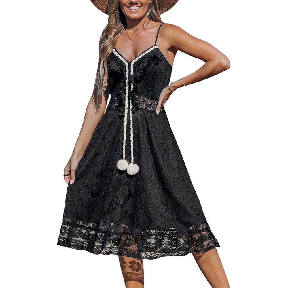 imageCUPSHE Womens Mini Dress Lace Boho Tassel VNeck Flare Ruffle Adjustable Straps Beach Summer Short DressBlack