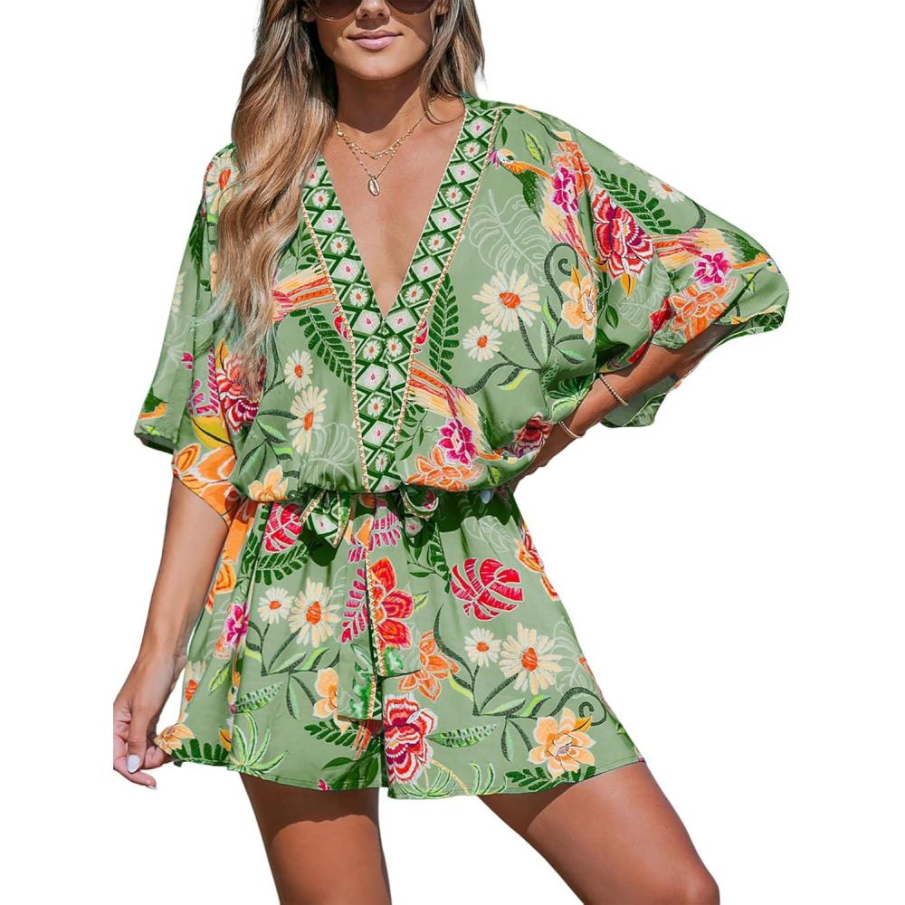 imageCUPSHE Womens Mini Dress V Neck Floral Half Dolman Sleeve Belted Loose Fit Short Summer Beach DressGrass Green