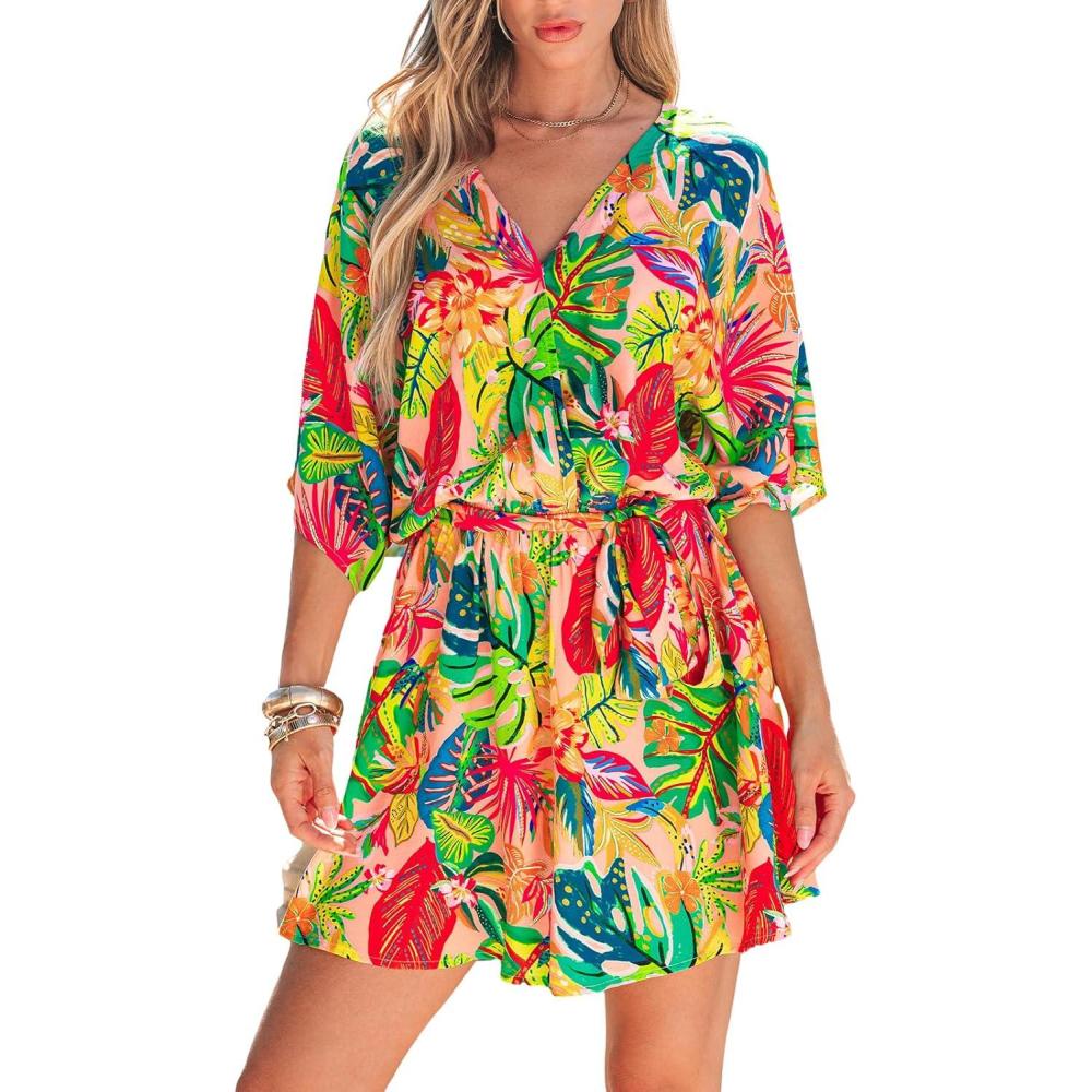 imageCUPSHE Womens Mini Dress V Neck Floral Half Dolman Sleeve Belted Loose Fit Short Summer Beach DressGreen Tropical