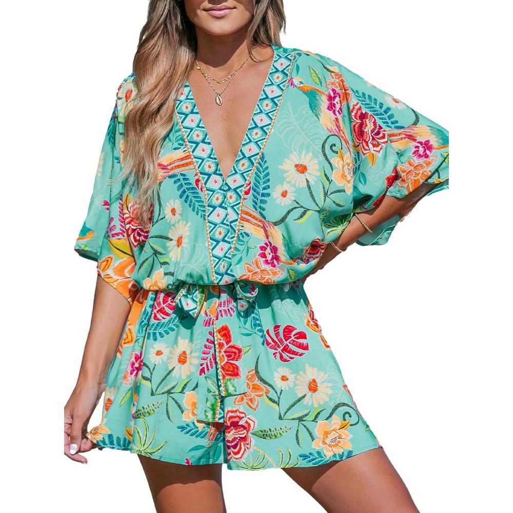 imageCUPSHE Womens Mini Dress V Neck Floral Half Dolman Sleeve Belted Loose Fit Short Summer Beach DressMint Floral