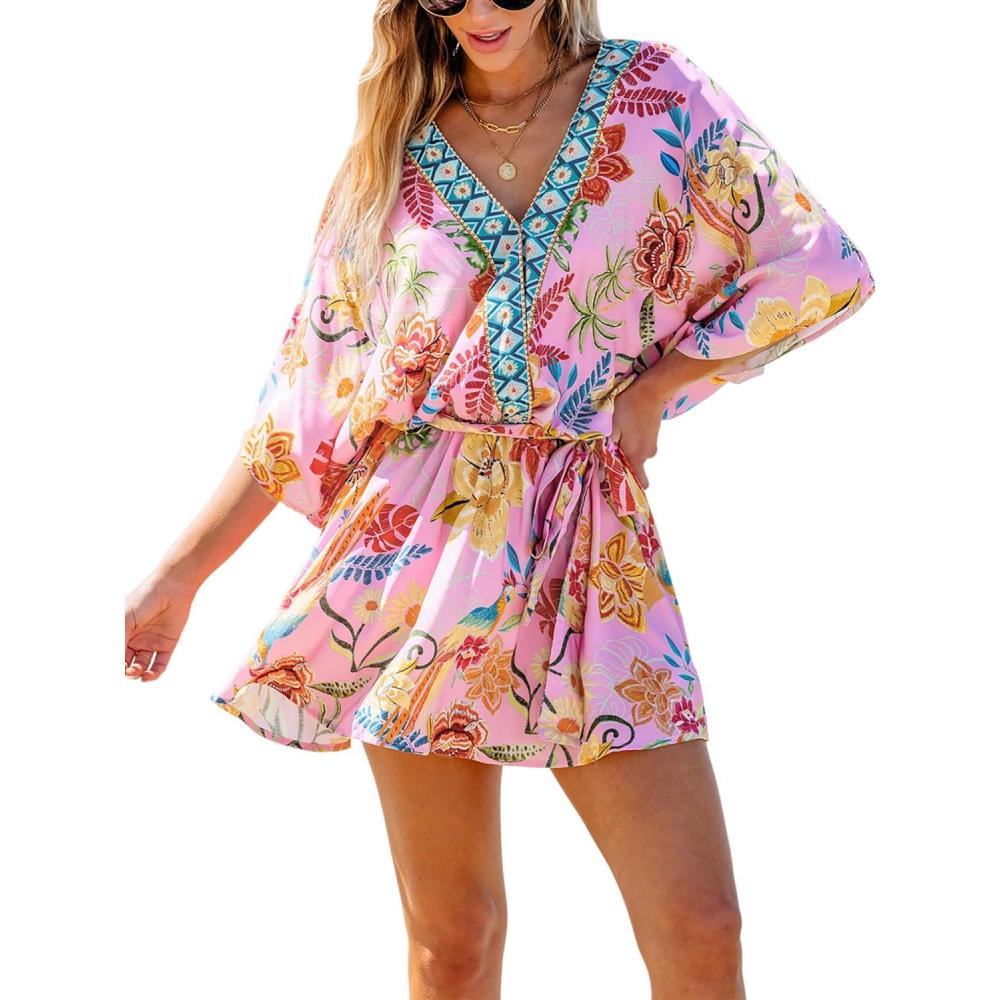 imageCUPSHE Womens Mini Dress V Neck Floral Half Dolman Sleeve Belted Loose Fit Short Summer Beach DressPink Tropical