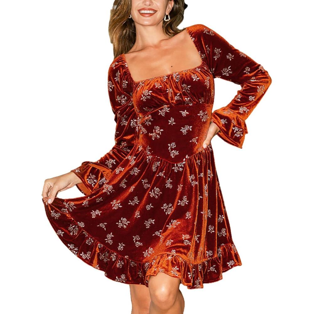 imageCUPSHE Womens Mini Fall Dresses Velvet Square Neck Casual Long Sleeve Floral Short Ruffled Party Outfit Flowy Cocktail DressBurnt Orange