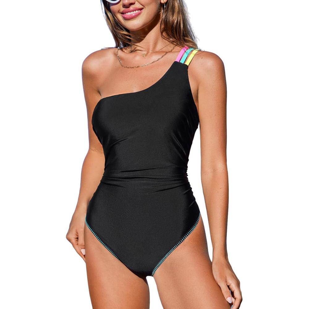 imageCUPSHE Womens One Piece Swimsuit Asymmetrical Neck One Shoulder Bathing Suit Color Block Spaghetti O RingBlackYellow Pink
