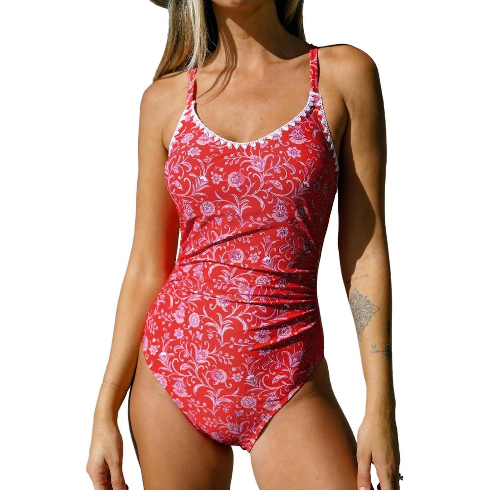 imageCUPSHE Womens One Piece Swimsuit Bathing Suit Scoop Neck Back Tie Shell Stitch Ruched SwimwearRed Paisley