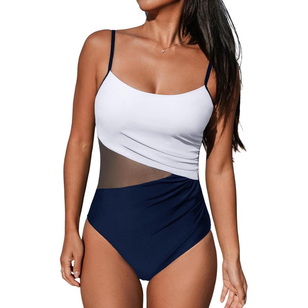 imageCUPSHE Womens One Piece Swimsuit Bathing Suit Scoop Neck Cutout Back Hook Color Block Mesh SwimwearNavy BlueWhite