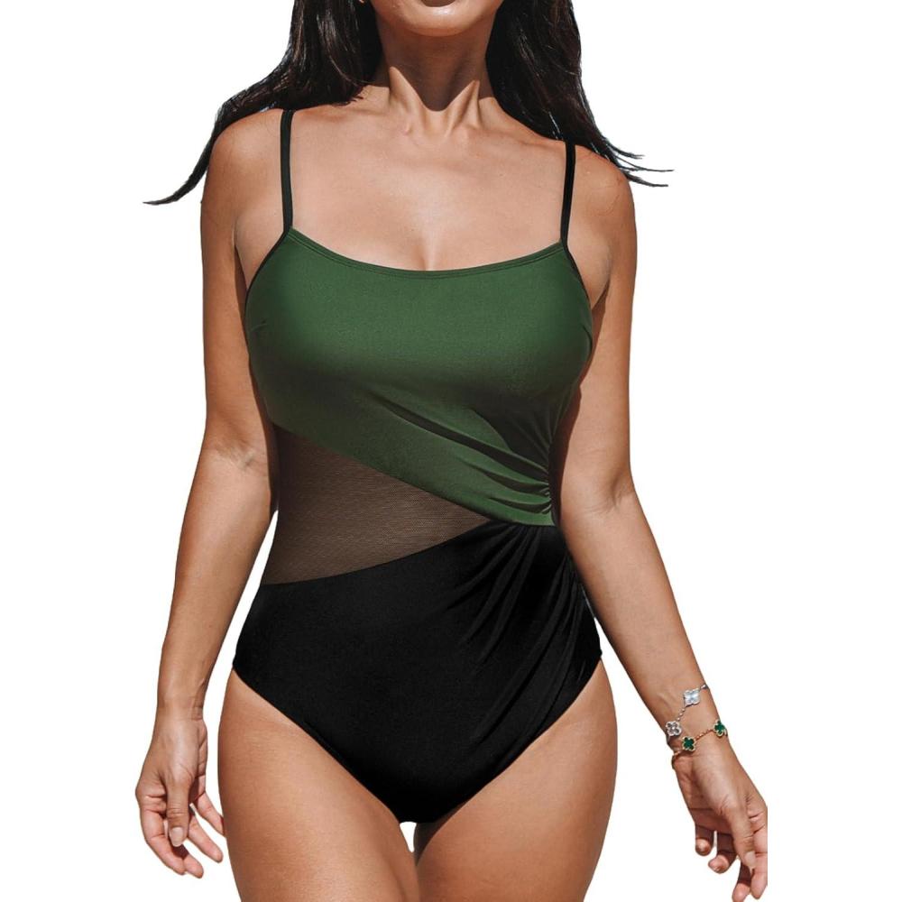 imageCUPSHE Womens One Piece Swimsuit Bathing Suit Scoop Neck Cutout Back Hook Color Block Mesh SwimwearOlive GreenBlack