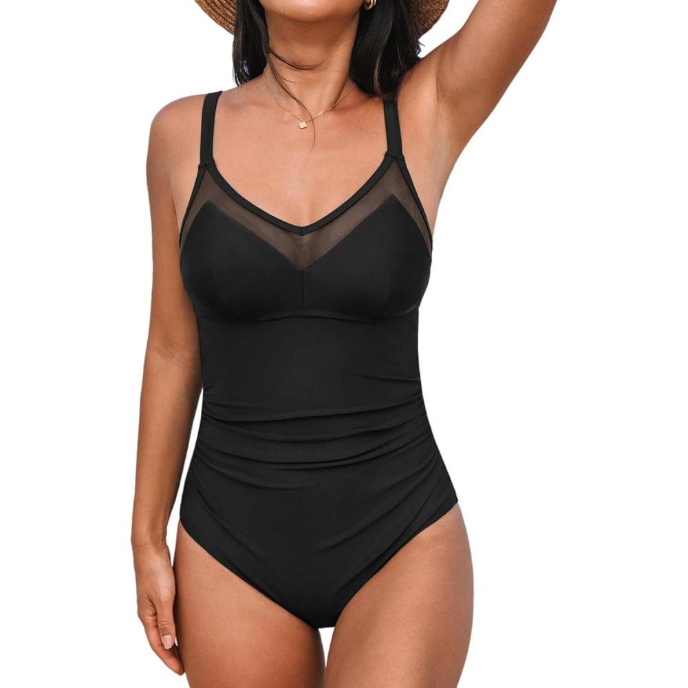 imageCUPSHE Womens One Piece Swimsuit Bathing Suit V Neck Back Hook Cutout Adjustable Straps Ruched MeshBlack