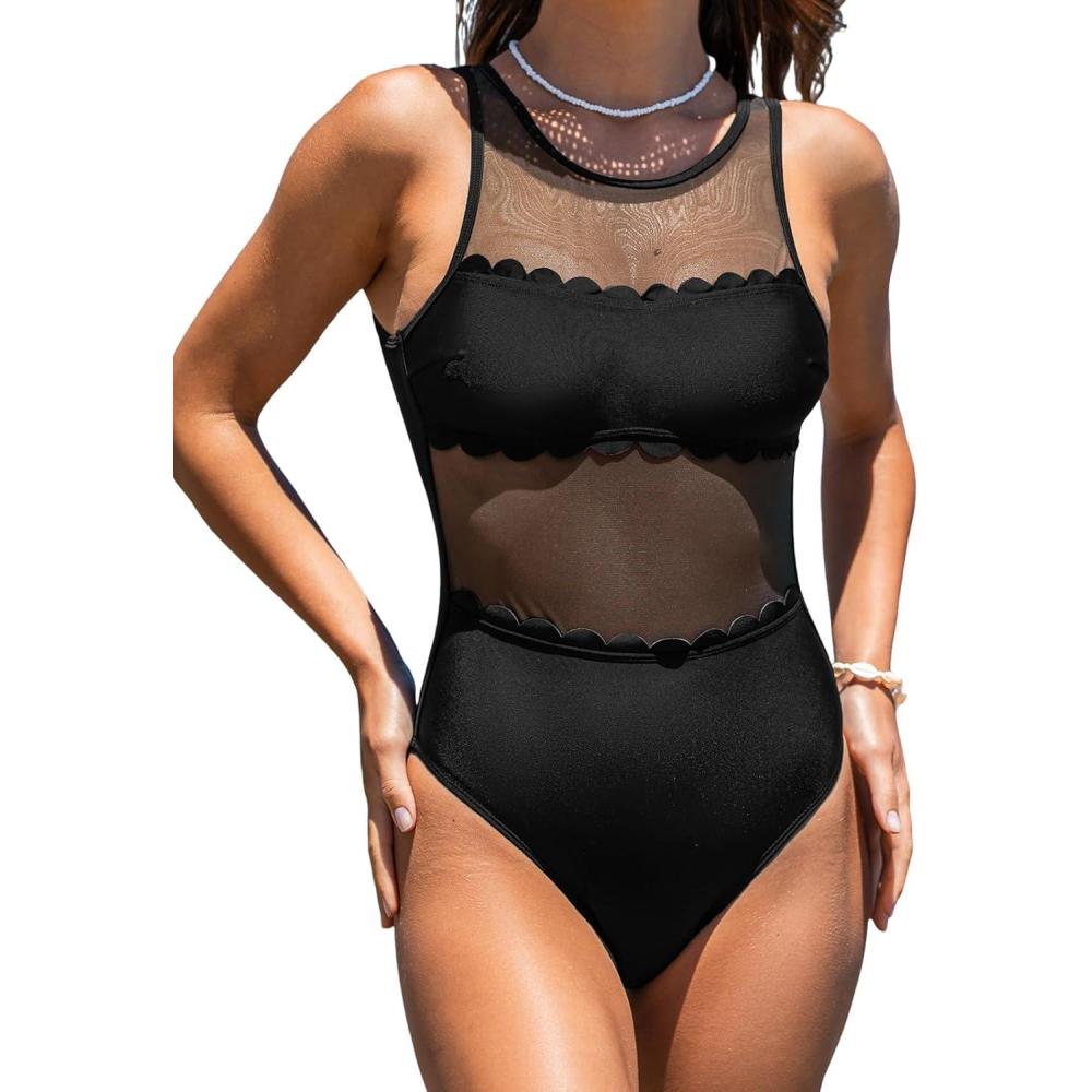 imageCUPSHE Womens One Piece Swimsuit High Neck Mesh Bathing Suit Cutout Back Tie Scalloped Wide StrapsBlack