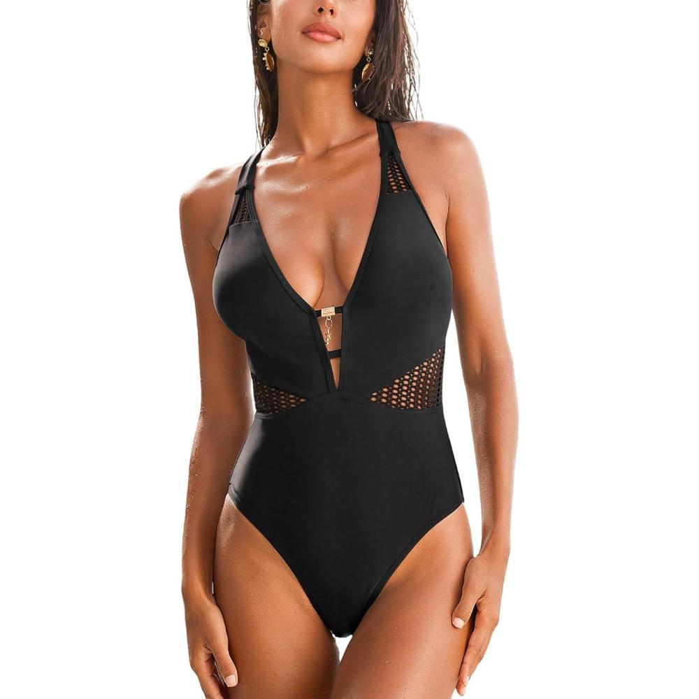 imageCUPSHE Womens One Piece Swimsuit Plunging Neck Bathing Suit Cutout Adjustable Crisscross Strappy Slimming SwimwearBlack