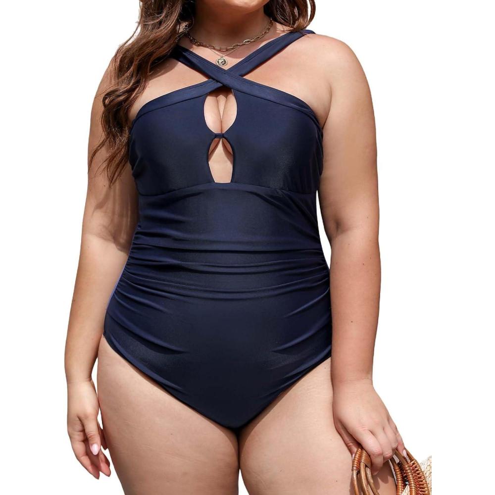 imageCUPSHE Womens One Piece Swimsuit Plus Size Tummy Control High Neck Bathing Suit Front Cutout Ruched Wide StrapsNavy Blue