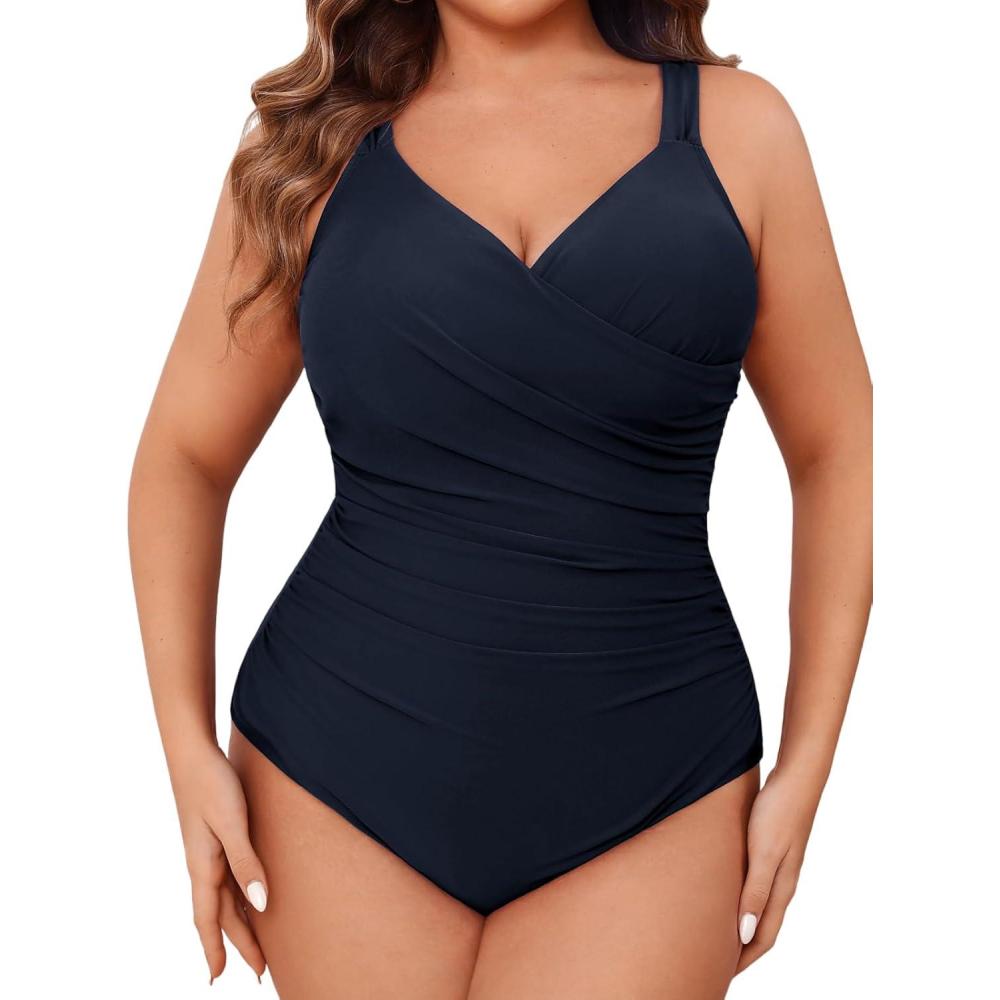 imageCUPSHE Womens One Piece Swimsuit Plus Size Tummy Control V Neck Bathing Suit Curvy Cutout SlimmingMidnight Blue