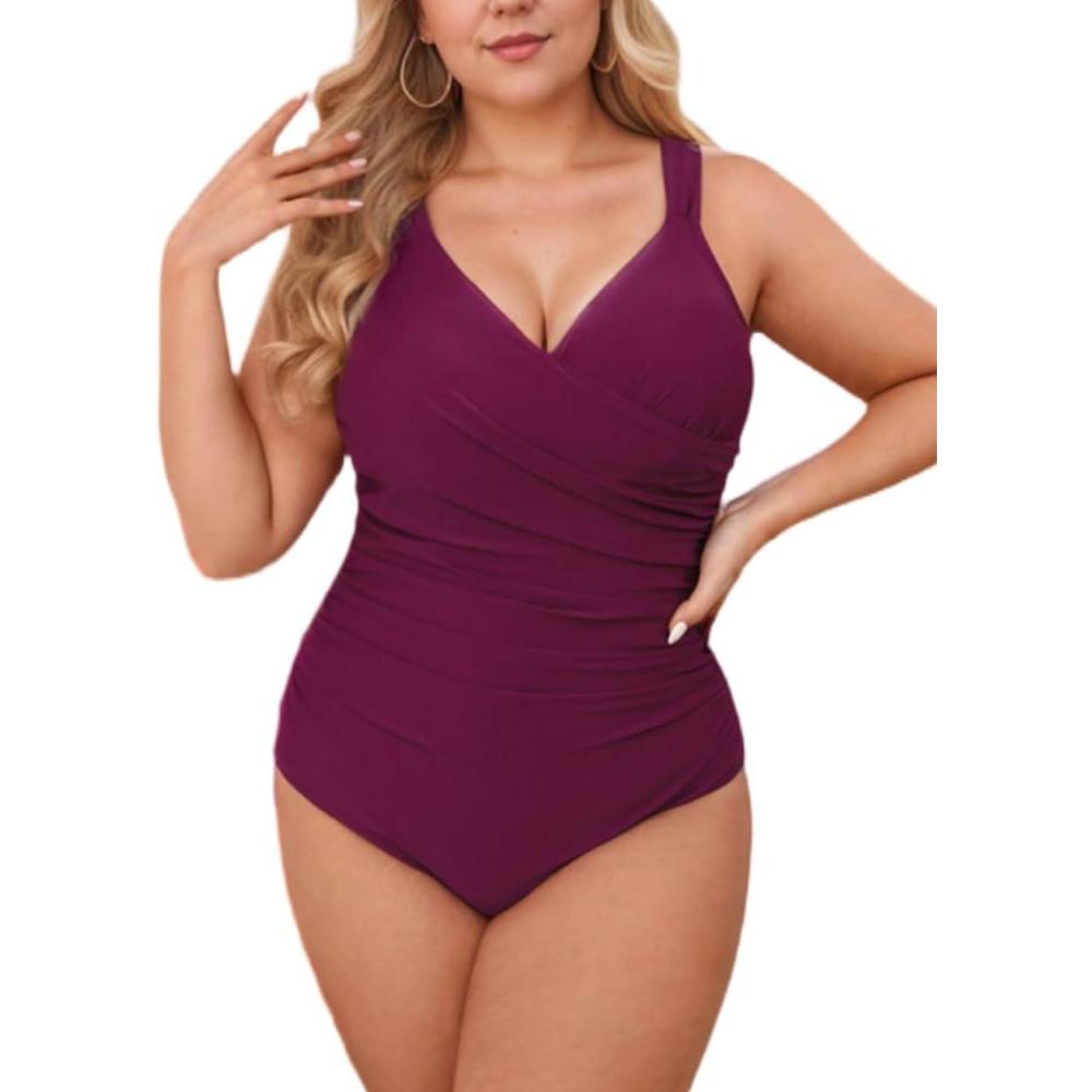 imageCUPSHE Womens One Piece Swimsuit Plus Size Tummy Control V Neck Bathing Suit Curvy Cutout SlimmingWine Red