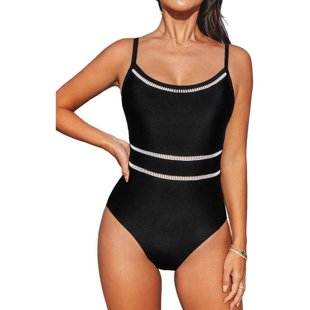 imageCUPSHE Womens One Piece Swimsuit Round Neck Bathing Suit Mesh Adjustable Straps SpaghettiBlack