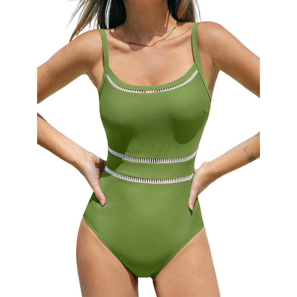 imageCUPSHE Womens One Piece Swimsuit Round Neck Bathing Suit Mesh Adjustable Straps SpaghettiMoss Green