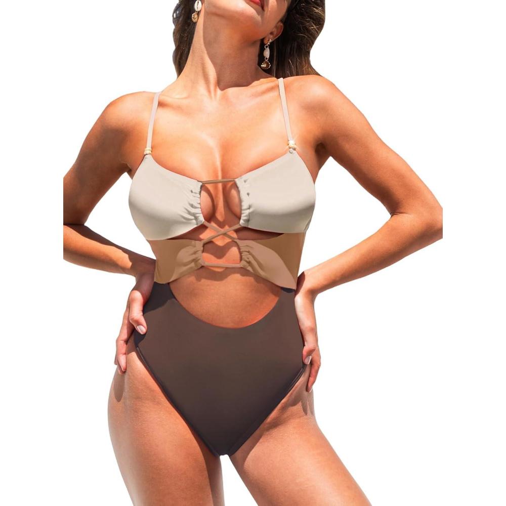 imageCUPSHE Womens One Piece Swimsuit Scoop Neck Bathing Suit Cutout Color Block Crisscross Back Spaghetti Self TieBrownLight Beige