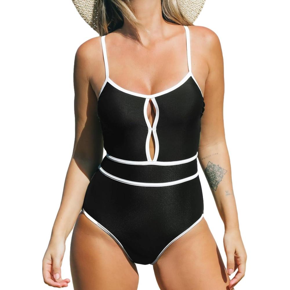 imageCUPSHE Womens One Piece Swimsuit Scoop Neck Bathing Suit Keyhole Cutout Color Block Adjustable Straps SwimwearBlackWhite