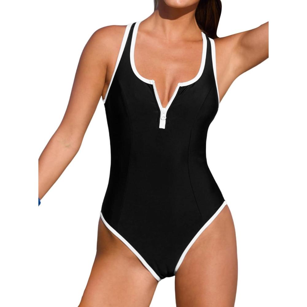 imageCUPSHE Womens One Piece Swimsuit Scoop Neck Front Zipper Bathing Suit Racer Back Wide Straps Color Blocked TrimBlackWhite