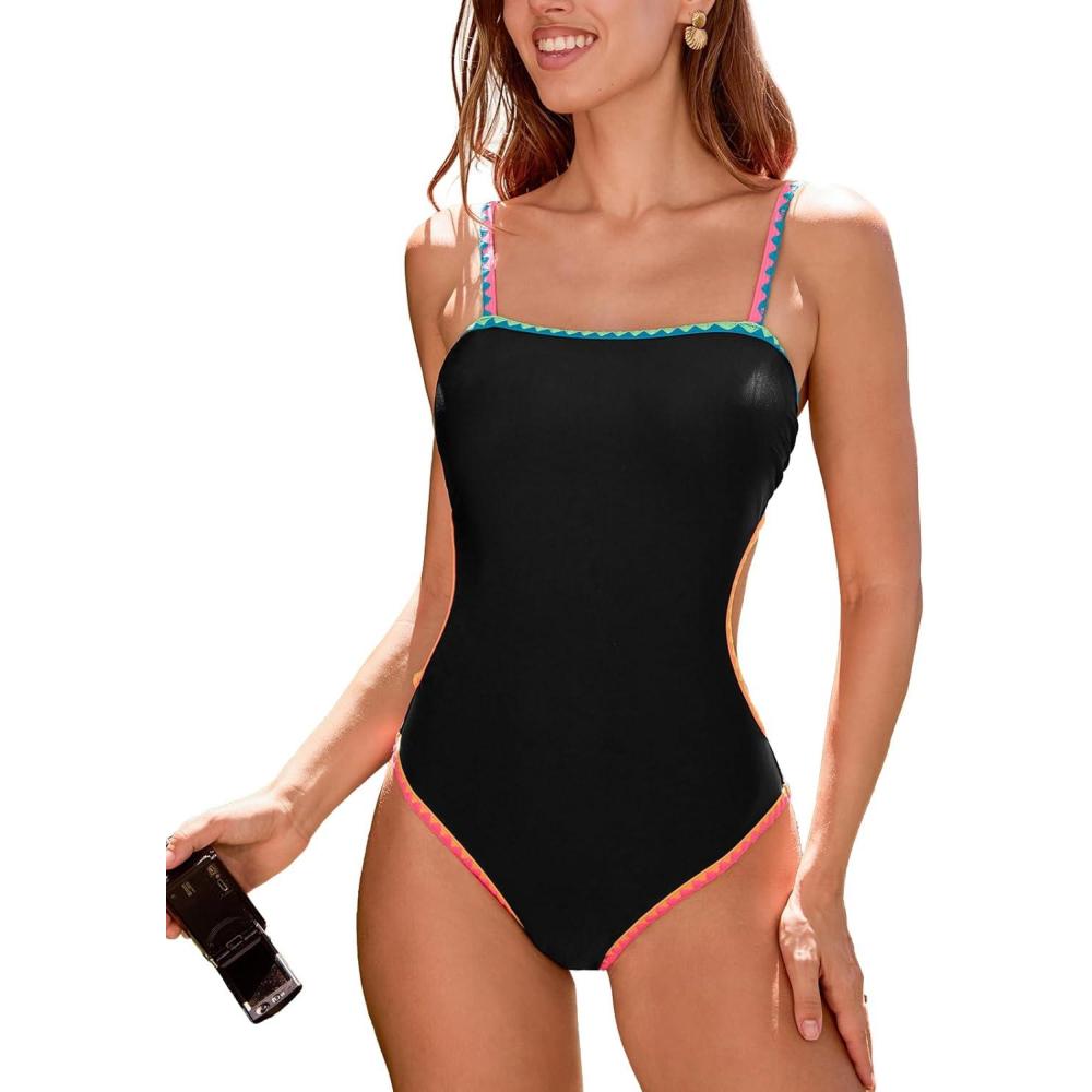 imageCUPSHE Womens One Piece Swimsuit Sexy Color Block Square Neck Bathing Suit Cutout Back Self tie Adjustable StrapsBlack