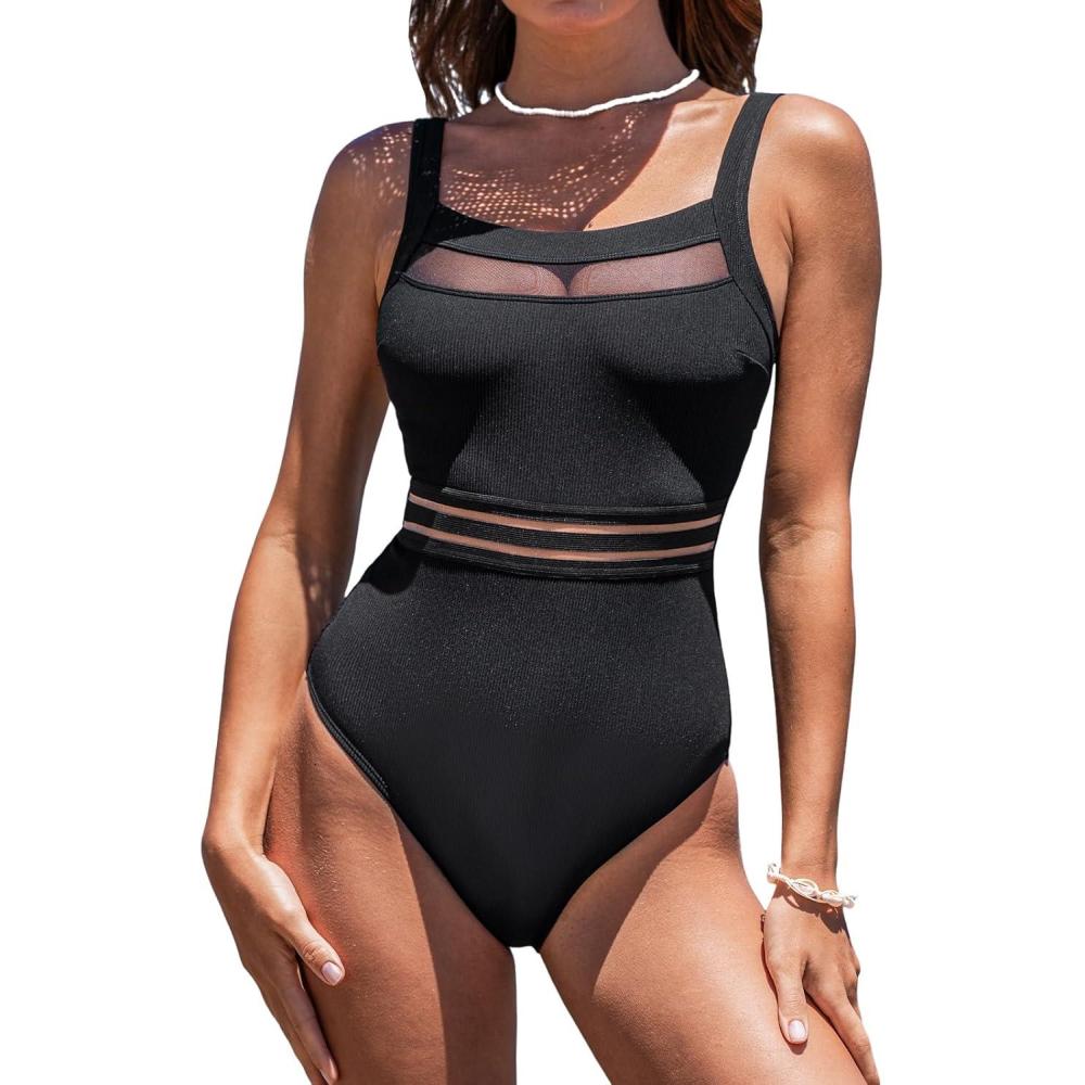 imageCUPSHE Womens One Piece Swimsuit Square Neck Bathing Suit Cutout Back Mesh Front Adjustable Wide Straps TexturedBlack