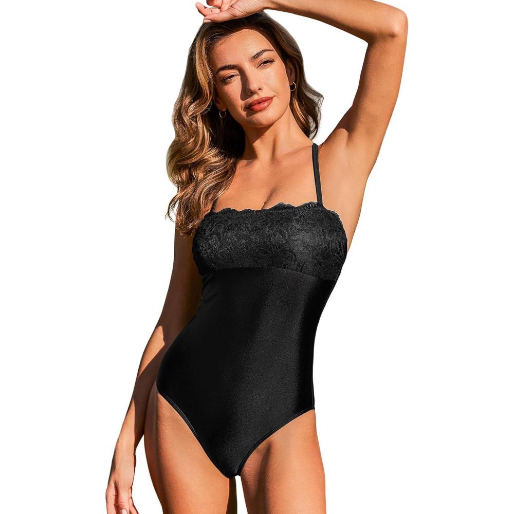 imageCUPSHE Womens One Piece Swimsuit Square Neck Cutout Adjustable Straps Lace Bathing SuitBlack