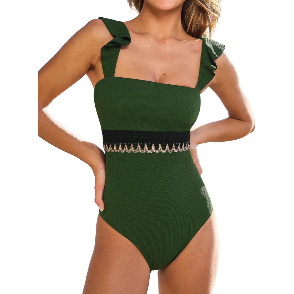 imageCUPSHE Womens One Piece Swimsuit Square Neck Ruffled Bathing Suit Stitching Cutout Adjustable Straps Self Tie TexturedOlive Green