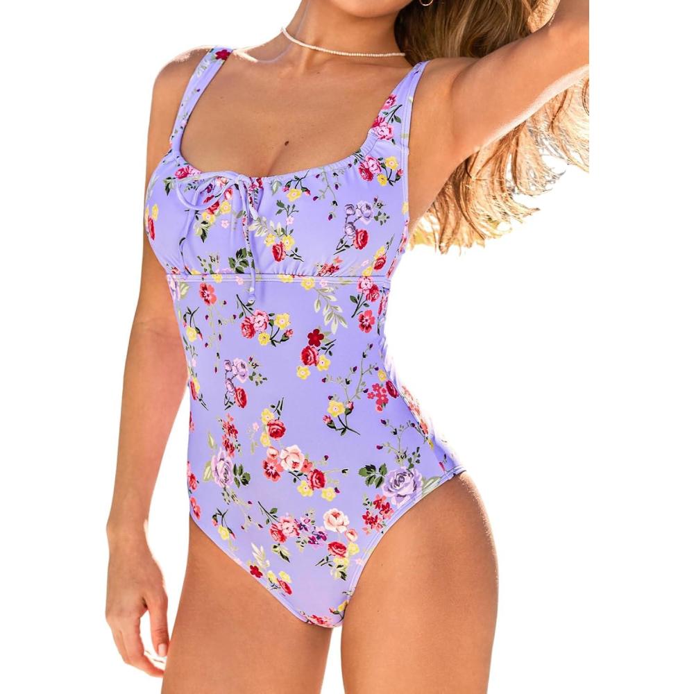 imageCUPSHE Womens One Piece Swimsuit Square Neck Tie Bathing Suit Adjustable Straps Back Hook RuchingLavender Floral