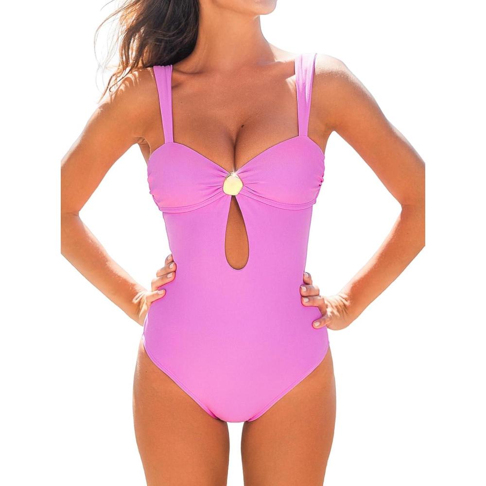 imageCUPSHE Womens One Piece Swimsuit Sweetheart Neck Keyhole Bathing Suit Ruching Cutout Back Wide Straps AdjustableBright Pink
