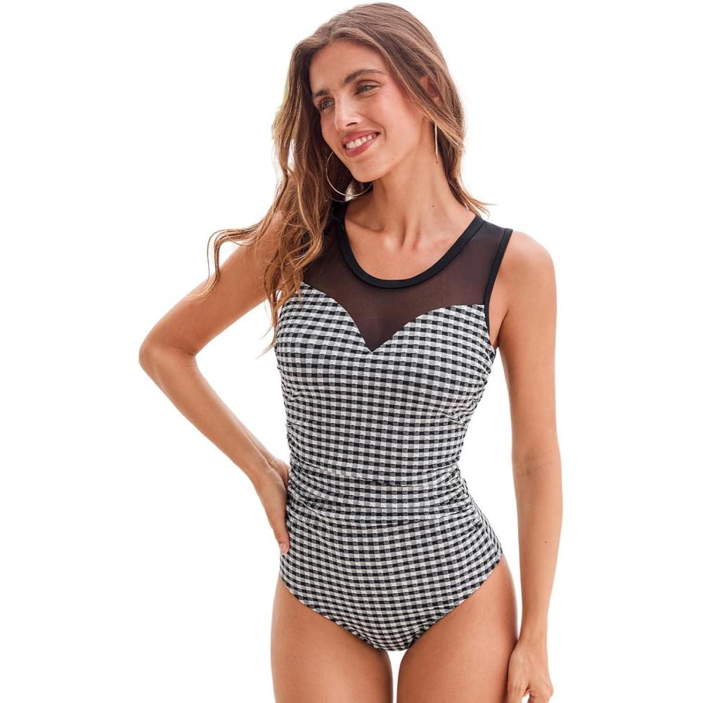 imageCUPSHE Womens One Piece Swimsuit Tummy Control High Neck Mesh Panel Bathing Suit Sexy Cutout Back Hook RuchedBlackWhite Geo