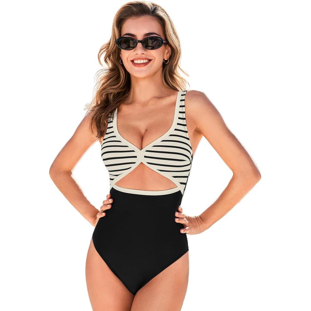 imageCUPSHE Womens One Piece Swimsuit V Neck Bathing Suit Cutout Adjustable Wide Straps Back Hook StripeBlackStripe