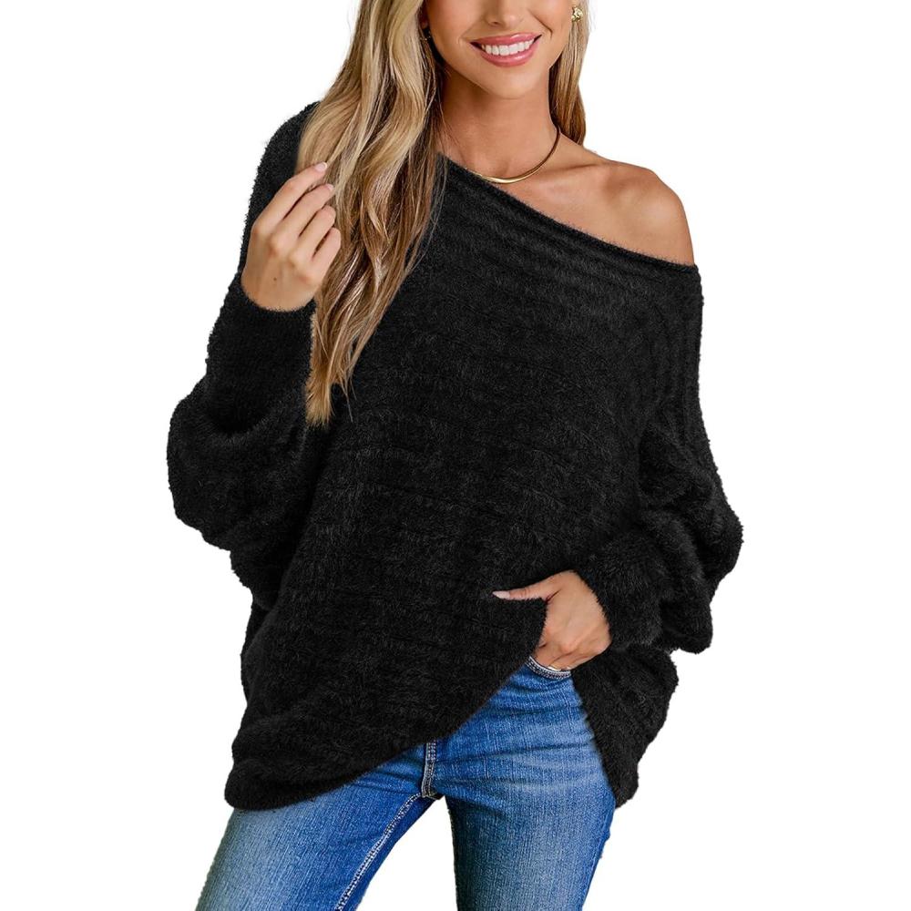 imageCUPSHE Womens One Shoulder Sweaters Puff Long Sleeve Soft Fuzzy Lightweight Pullover Sweater TopsBlack