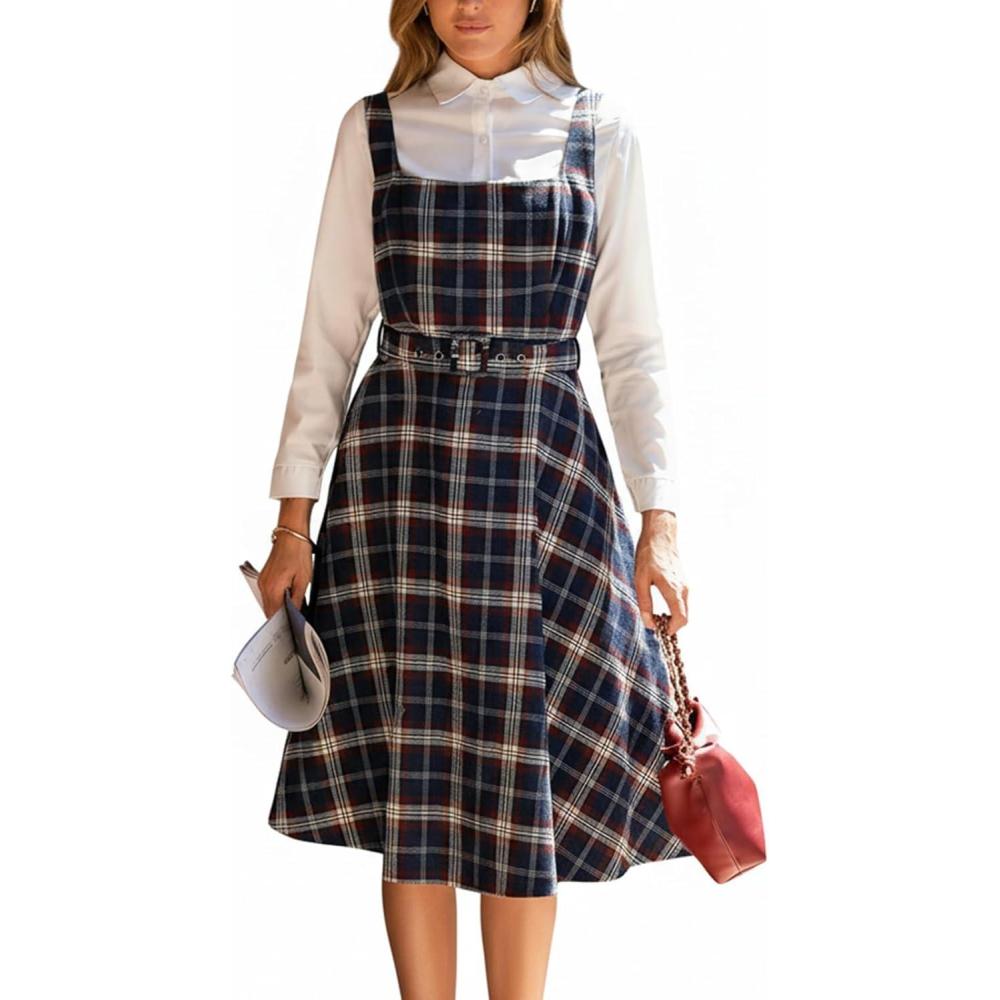 imageCUPSHE Womens Plaid A Line Midi Dress Square Neck Sleeveless Adjustable Belt Casual Fall DressesNavy Blue