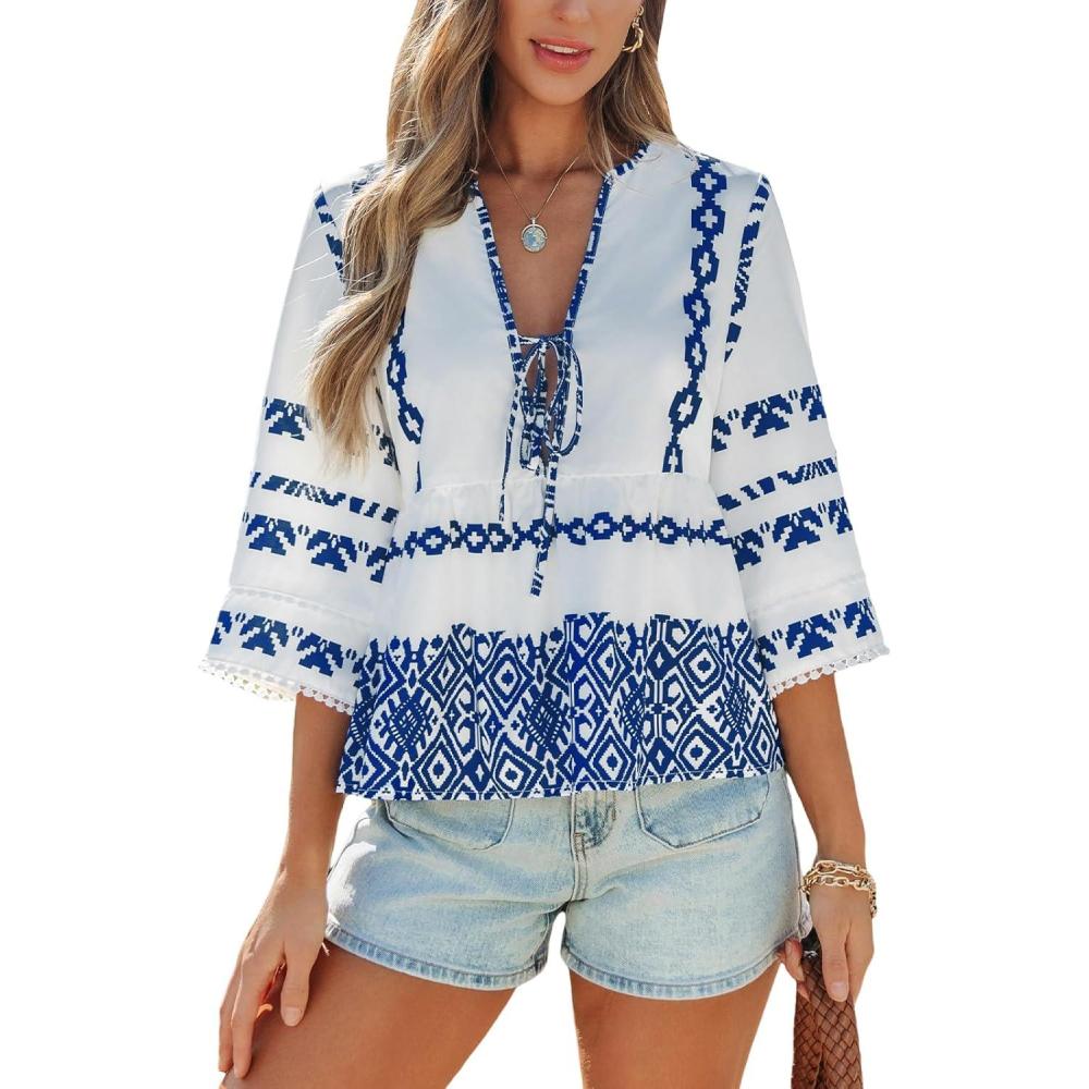 imageCUPSHE Womens Plunging Neck Tie Front Flared 34 Sleeves Tops Blouse ShirtWhite